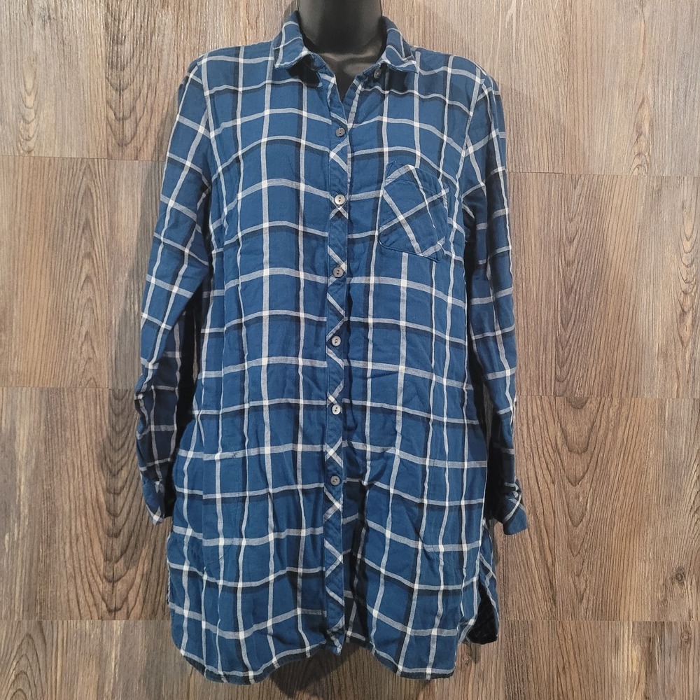J Jill Blue Plaid Button Front Tunic Oversize Medium LS 100% Cotton Western